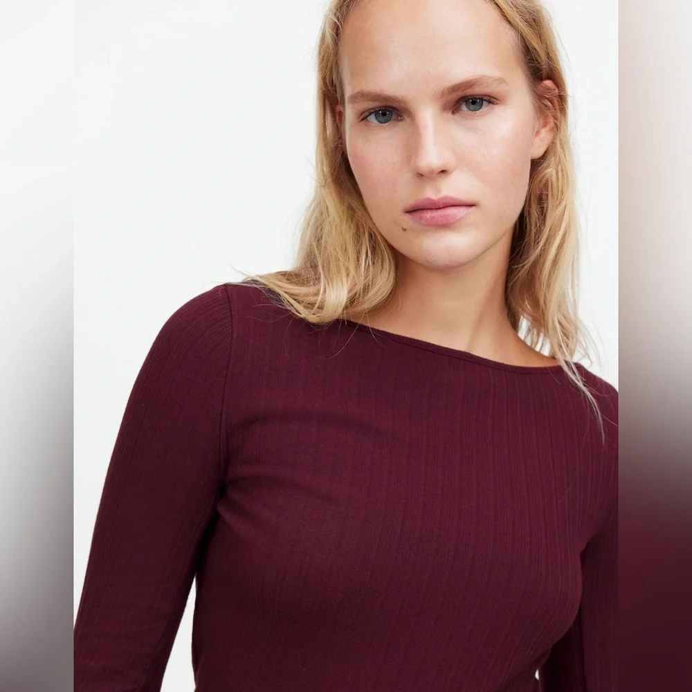 NWT Madewell Ribbed Long-Sleeve Boatneck Top in Burgundy - Picture 4 of 12